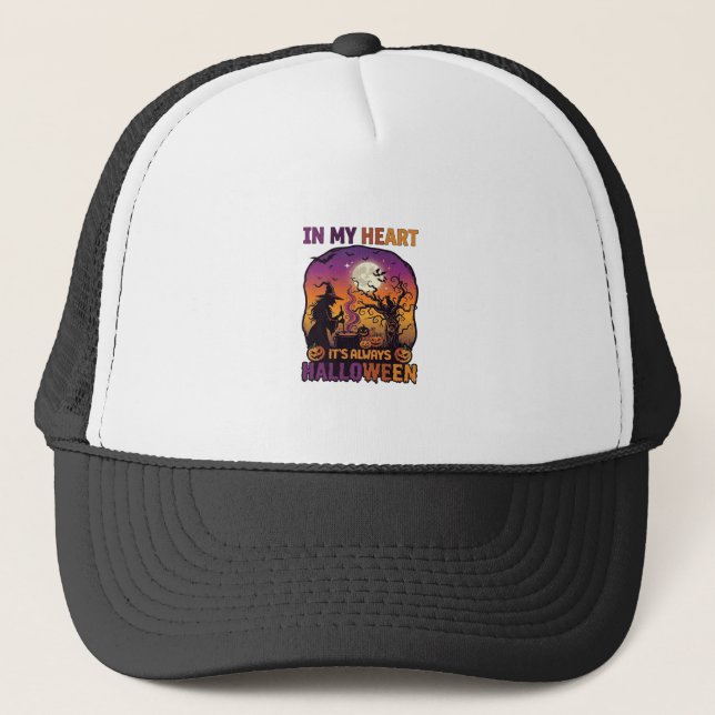 Heart Its Always Halloween Witch Cauldron Tree Moo Trucker Hat (Front)