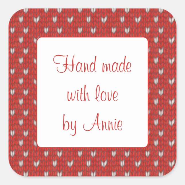 HEART KNIT 3" Square "Hand Made" Stickers (Front)