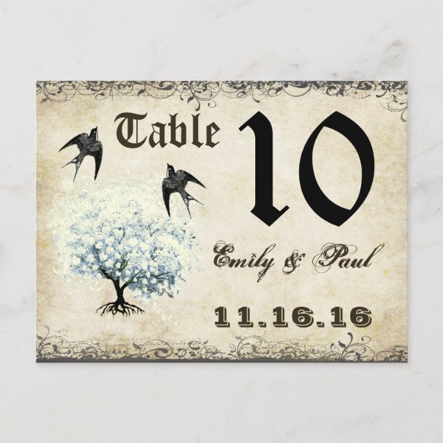Heart Leaf Blue Tree Birds Table Number Card (Front)