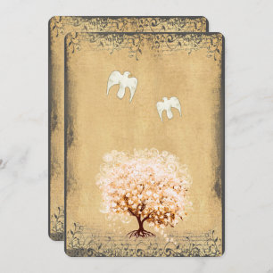 Heart Leaf Coral Tree Dove Love Bird Weddings Invitation