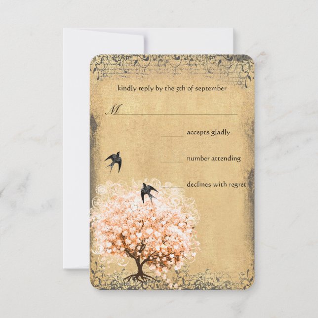 Heart Leaf Coral Tree Love Bird Wedding RSVP (Front)