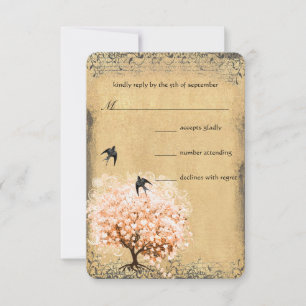 Heart Leaf Coral Tree Love Bird Wedding RSVP Card