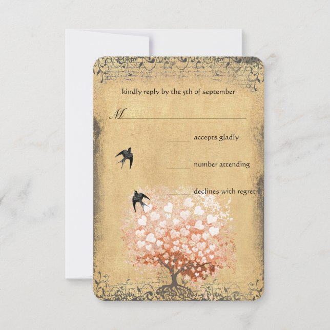 Heart Leaf Coral Tree Love Bird Wedding RSVP Card (Front)