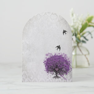Heart Leaf Eggplant Tree Vintage Birds Wedding Invitation