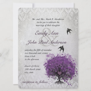 Heart Leaf Eggplant Tree Vintage Birds Wedding Invitation