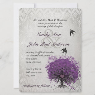 Heart Leaf Eggplant Tree Vintage Birds Wedding Invitation