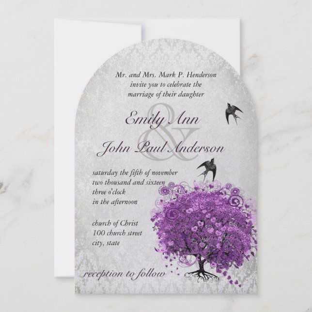 Heart Leaf Eggplant Tree Vintage Birds Wedding Invitation (Back)