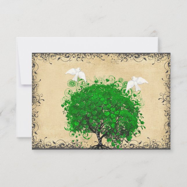Heart Leaf Emerald Tree Dove Bird Wedding RSVP (Back)