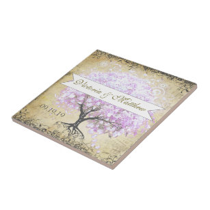 Heart Leaf Lavender Tree Vintage Bird Wedding Ceramic Tile