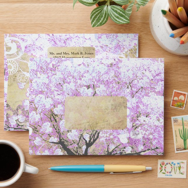 Heart Leaf Lavender Tree Vintage Bird Wedding Envelope (Desk)