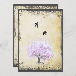 Heart Leaf Lavender Tree Vintage Bird Wedding Invitation