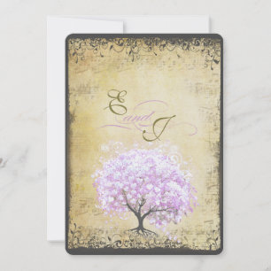 Heart Leaf Lavender Tree Vintage Bird Wedding Invitation