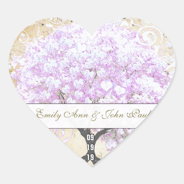 Heart Leaf Lavender Tree Vintage Bird Wedding Sticker (Front)