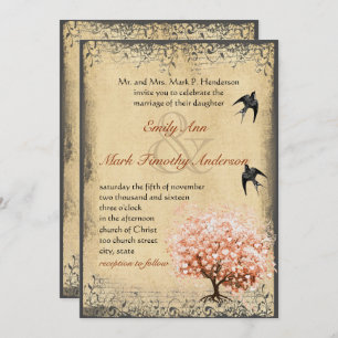 Heart Leaf Light Coral Tree Vintage Birds Weddings Invitation