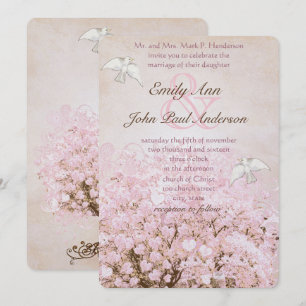 Heart Leaf Pale Dogwood Pink Tree Dove Wedding Invitation