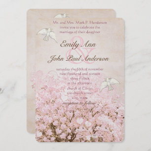 Heart Leaf Pale Dogwood Pink Tree Dove Wedding Invitation