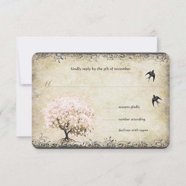 Heart Leaf Pink Tree Vintage Birds Wedding RSVP (Front)