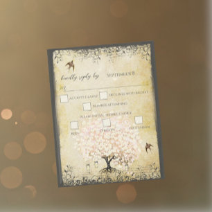 Heart Leaf Pink Tree Vintage Birds Wedding RSVP Card