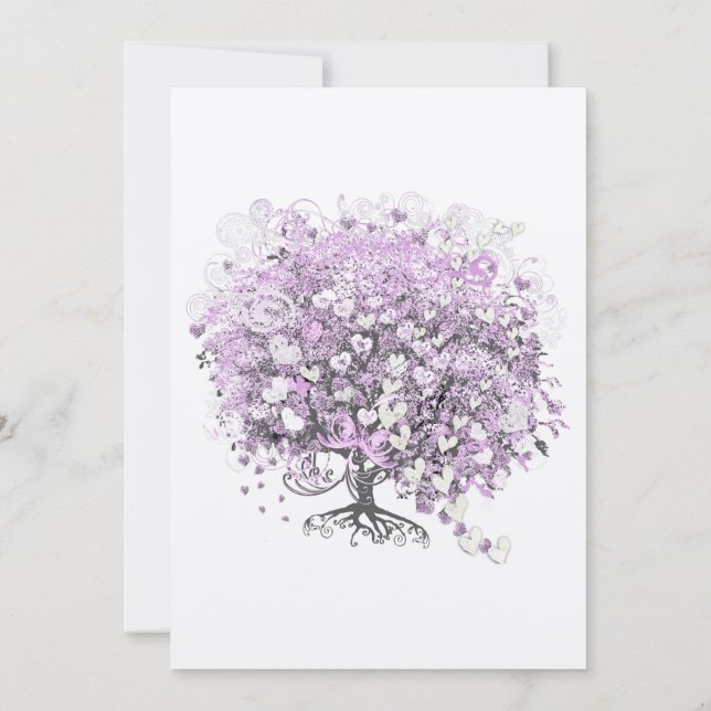 Heart Leaf Purple Tree Vintage Bird Wedding Invite (Back)