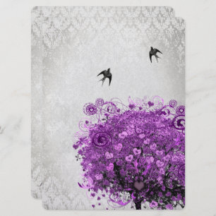 Heart Leaf Radiant Purple Tree Birds Wedding Invitation