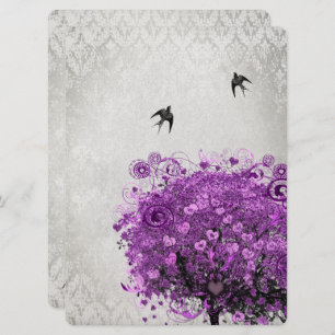 Heart Leaf Radiant Purple Tree Birds Wedding Invitation