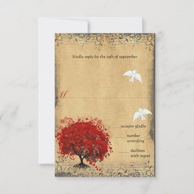 Heart Leaf Red Tree Dove Love Bird Wedding RSVP Card (Front)