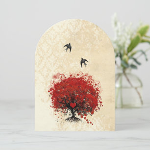 Heart Leaf Red Tree Vintage Birds Wedding Invites