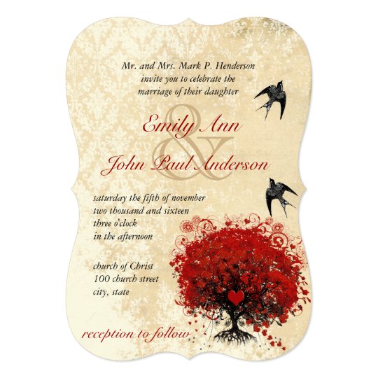 Heart Leaf Red Tree Vintage Birds Wedding Invites