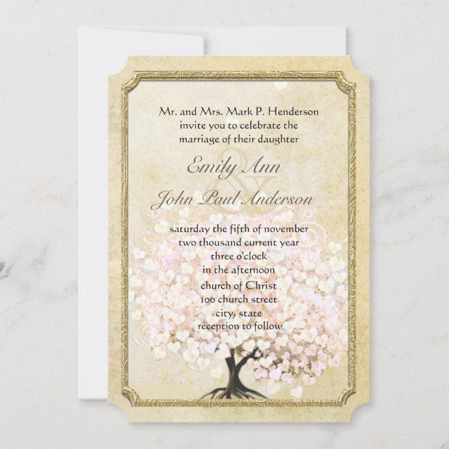 Heart Leaf Rose Gold Tree Vintage Wedding Invitation (Front)