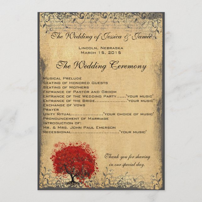 Heart Leaf Tree Burnt Parchment Wedding Program (Front)