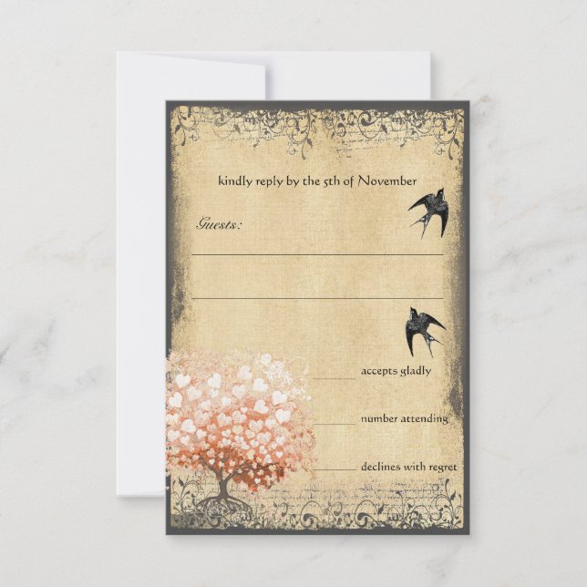 Heart Leaf Tree Light Coral Birds Wedding RSVP Card (Front)