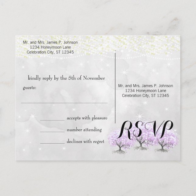 Heart Leaf Tree Purple Enchanted Forest Wedding Postcard (Back)