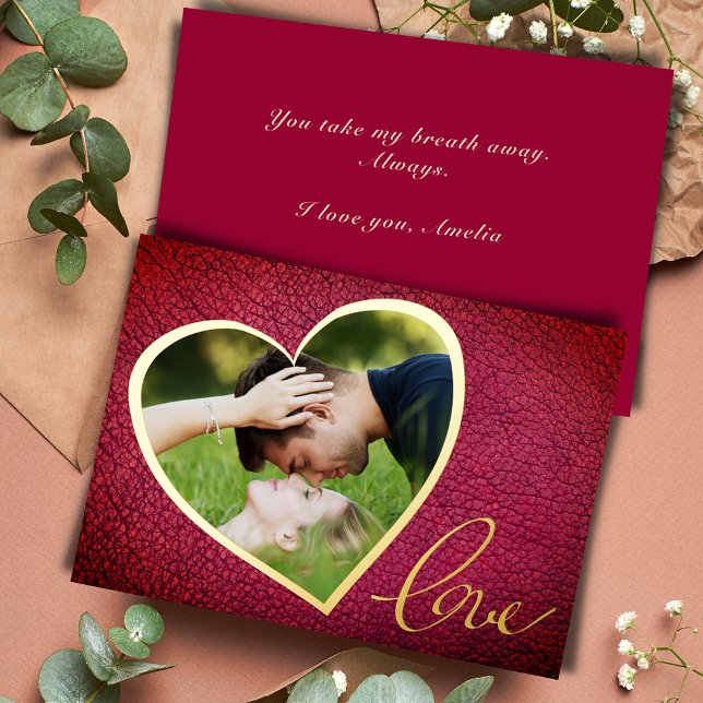 Heart Leather Print Love Valentine`s Day Photo  Foil Holiday Card (Creator Uploaded)