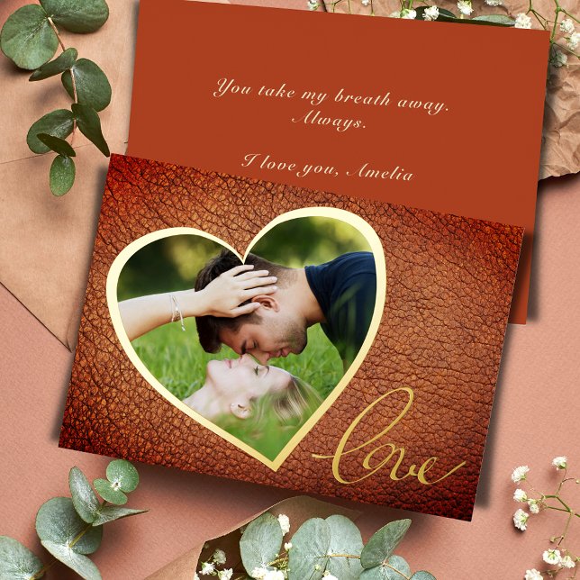 Heart Leather Print Love Valentine`s Day Photo Foil Holiday Card (Creator Uploaded)