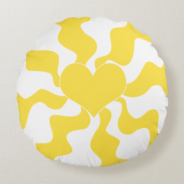 Heart - Lemon Yellow and White Round Cushion (Front)