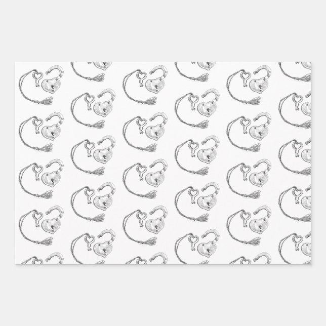 Heart Lock and Key Wrapping Paper Sheet (Front)