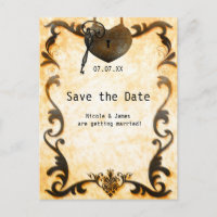 Heart Lock & Key Vintage Save The Date Postcard