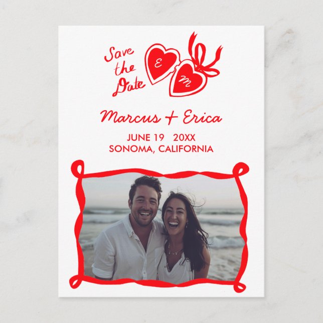 Heart Locket Custom Photo Initials Save the Date  Postcard (Front)