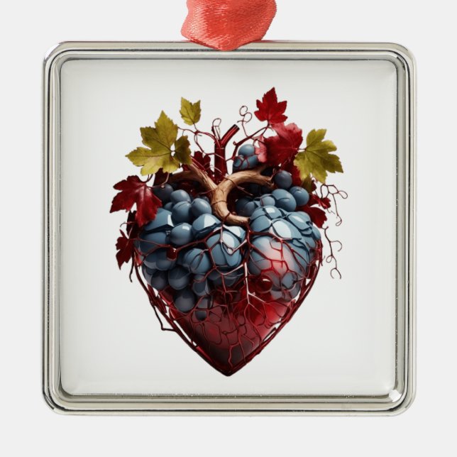 heart looking naturalwith grapes in square metal ornament (Front)