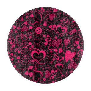 Heart Love Doodles Pink-Black-Round Cutting Board