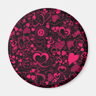 Heart Love Doodles Pink-Black-Round Magnet