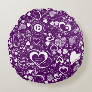 Heart Love Doodles, Purple Round Throw Pillow