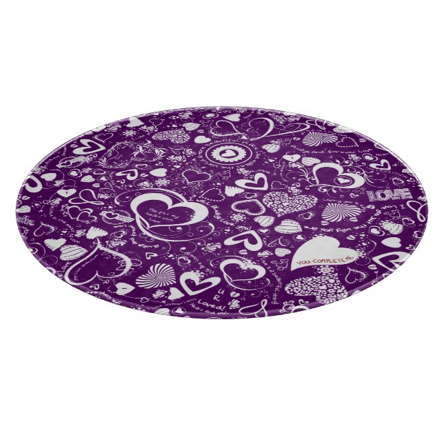 Heart Love Doodles Purple Wht-Round Cutting Board (Corner)