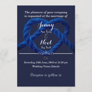 Heart Love Knot Navy Blue Wedding Invitation