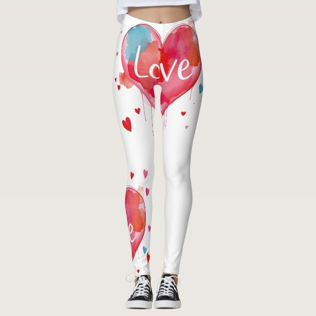 Heart Love Modern Watercolor Artsy Valentine's Day Leggings (Front)