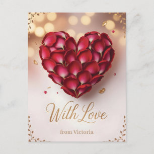 Heart Made of Deep Red Rose Petals and Gold Script Postcard