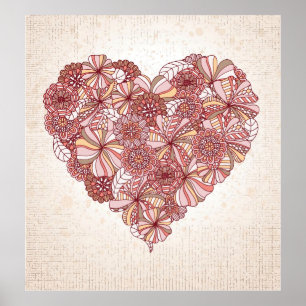 Heart made of hand drawn flowers poster