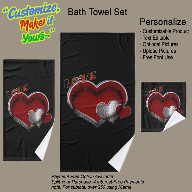 Heart Magic Black Towel Set (Heart Magic Bathroom Towel Set Featuring a Black Background.)