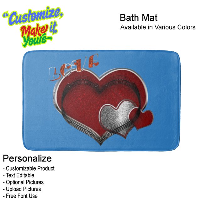 Heart Magic Blue Large Bath Mat (Heart Magic Love Bath Mat Featuring a Blue Background.)