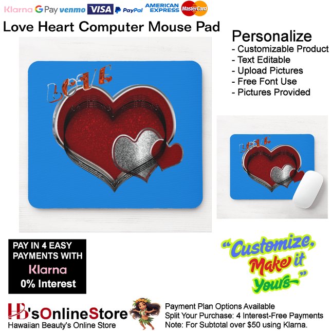 Heart Magic Blue Mouse Pad (Love Heart Computer Mouse Pad with Blue Background.)